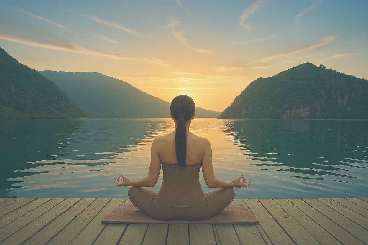 Frau meditiert auf Steg, Entspannung, Gelassenheit